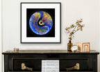 Alchemlight framed light art print on modern wall interior, abstract circular artwork exploring transformation by Burningpictures
