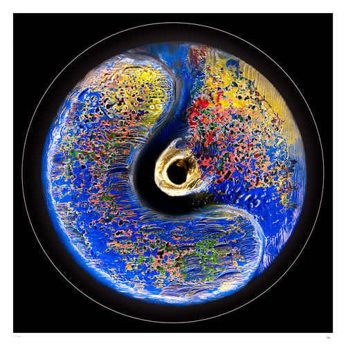 Alchemlight circular abstract light artwork with blue, gold and multicolored textured surface, fine art print by Burningpictures