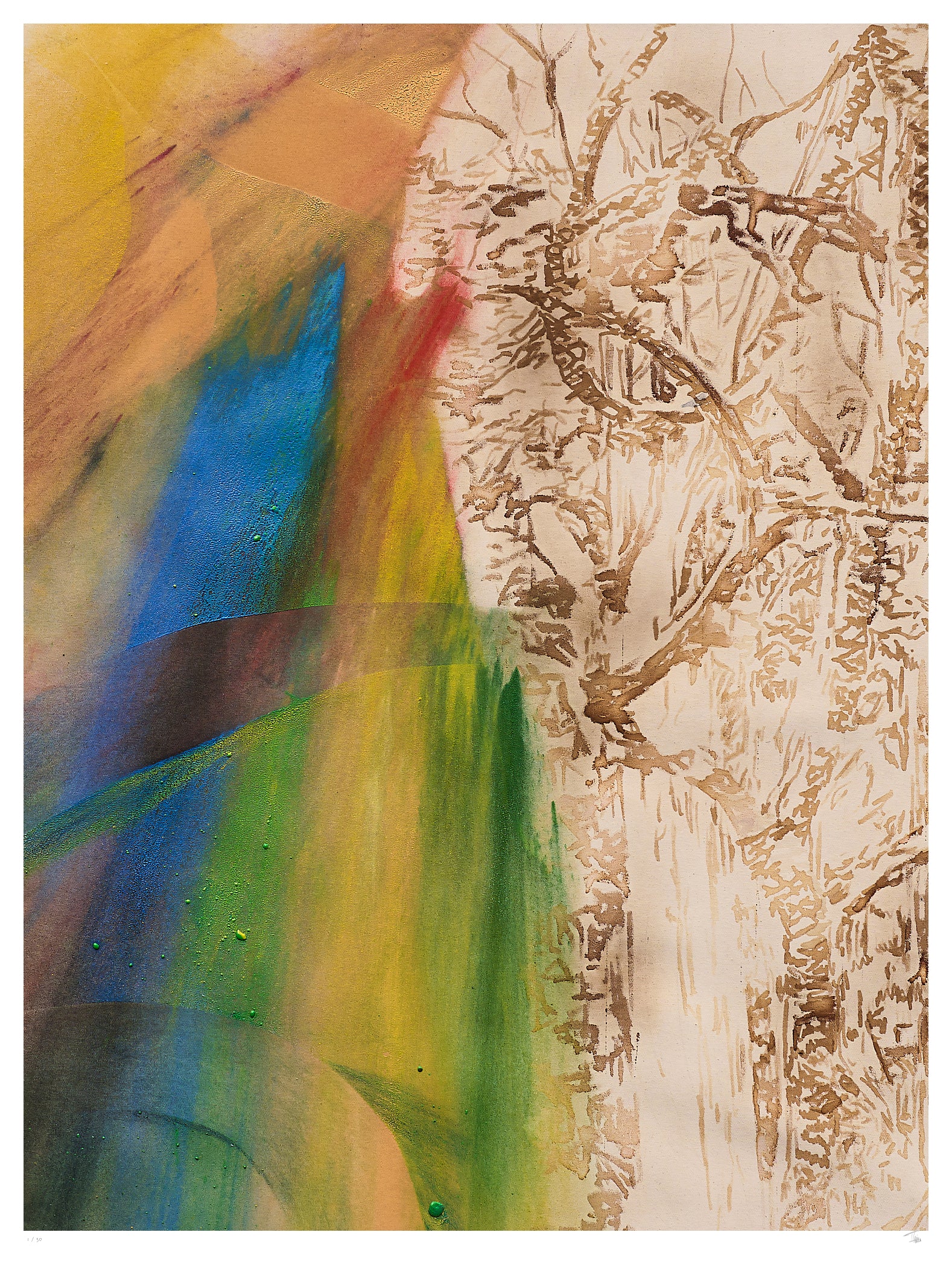 Change Fine Art Edition frontal – farbintensive Komposition mit Kontrast aus verbrannten Strukturen und leuchtenden Farben