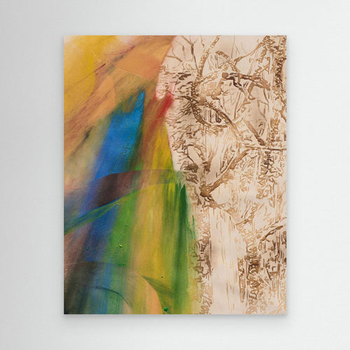 Change Burning Canvas frontal – dynamische Komposition mit Kontrast aus erdigen Strukturen und leuchtenden Farben