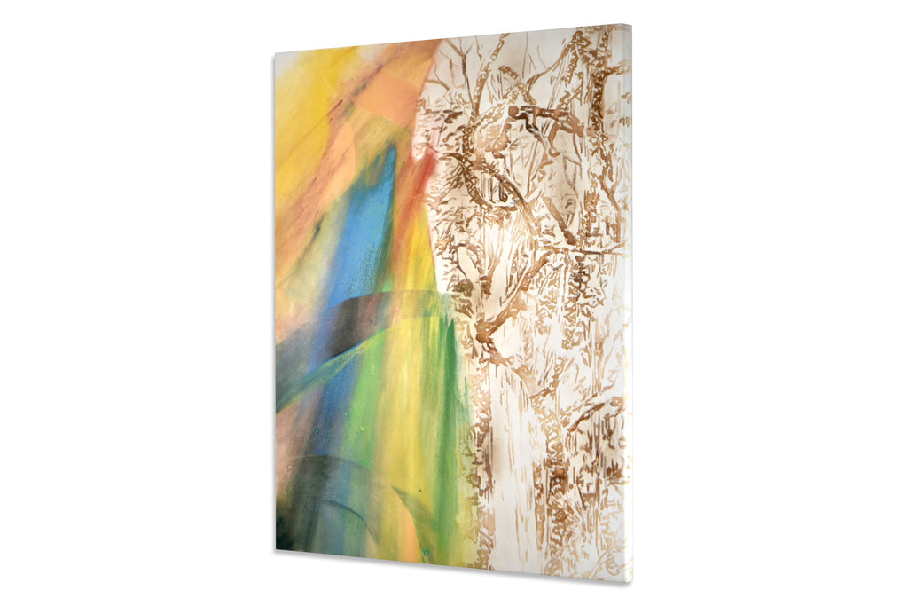 Seitenansicht der Leinwandarbeit „Change“ von Thomas Girbl mit sichtbarer Material- und Brandtiefe