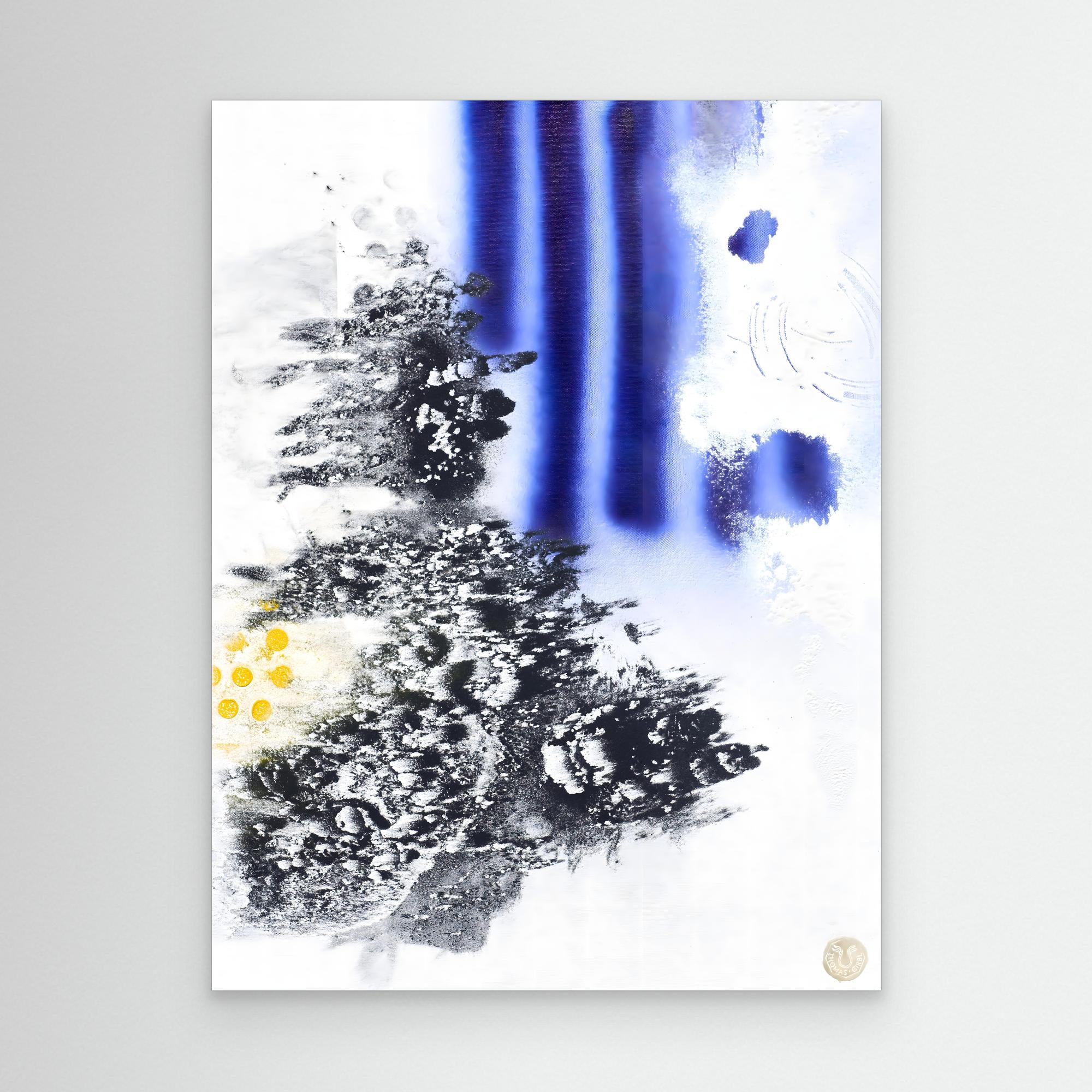 Charred Patterns Burning Canvas frontal – verbrannte Strukturen mit Blauverläufen und organischer Oberfläche