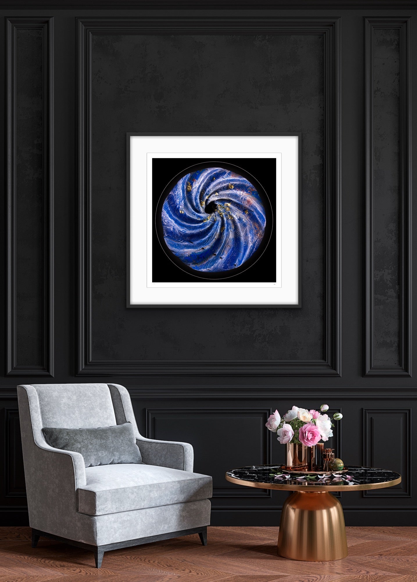 Cherulight blue spiral fine art print framed on dark wall interior, abstract circular light artwork with gold accents by Burningpictures