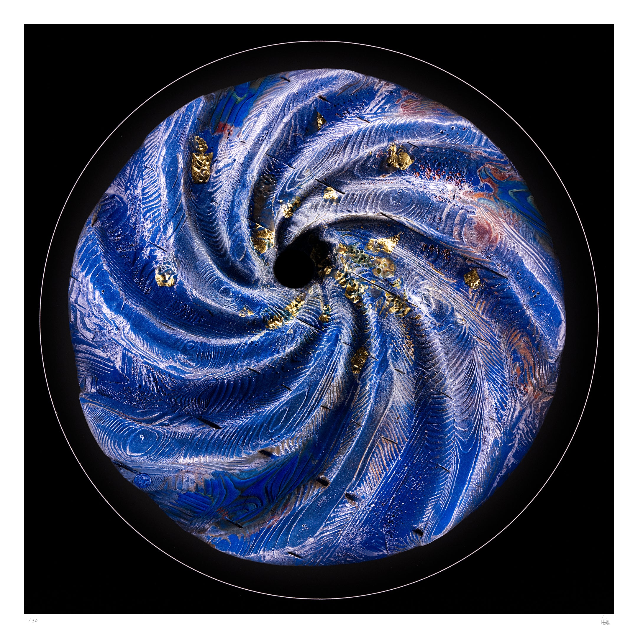 Blue spiral fine art print with gold leaf details, abstract circular light artwork inspired by Fibonacci spiral and natural movement, Burningpictures Cherulight