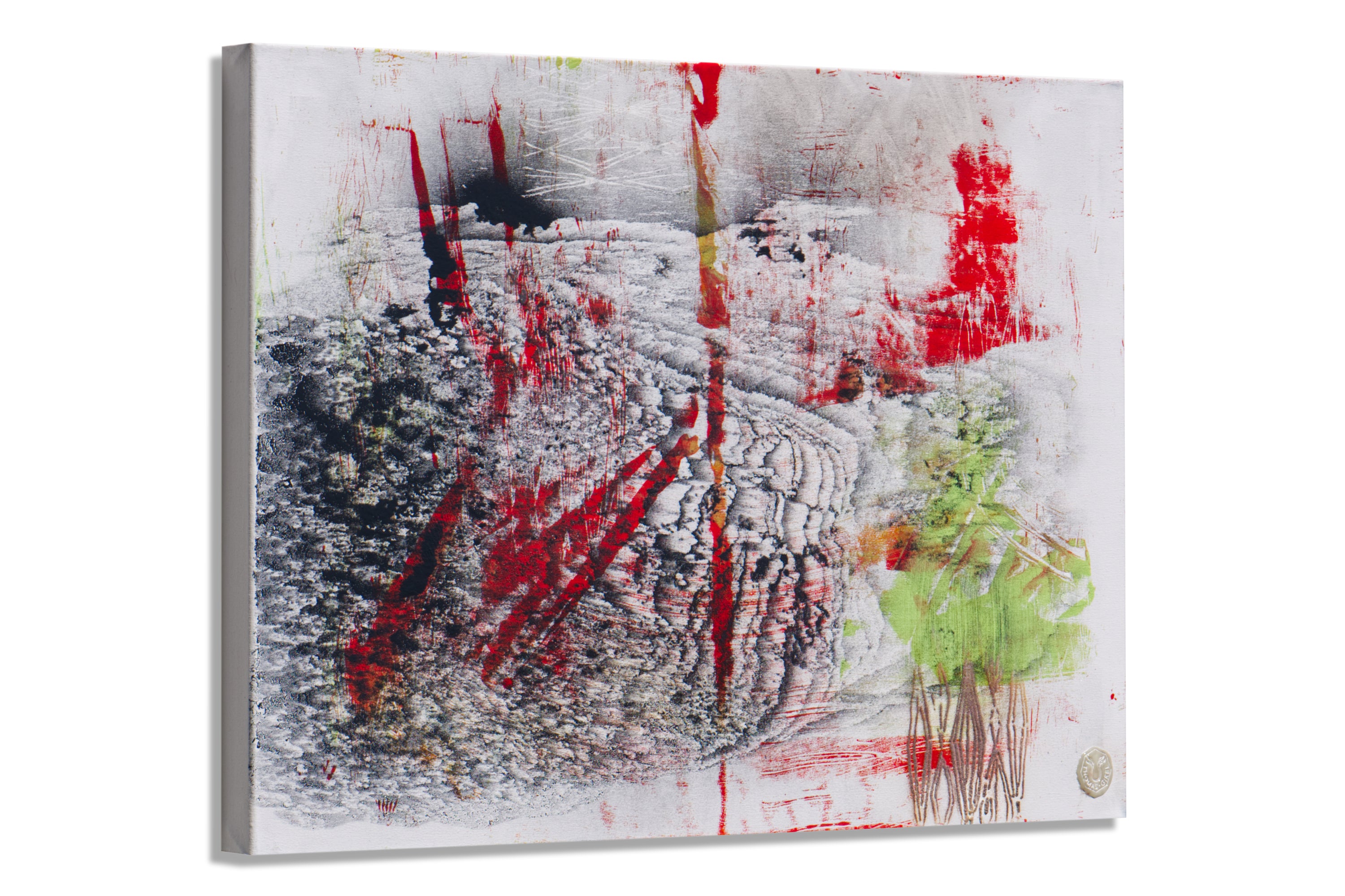 Seitenansicht der Leinwandarbeit „Core Layers“ mit sichtbarer Schichtung und Materialtiefe