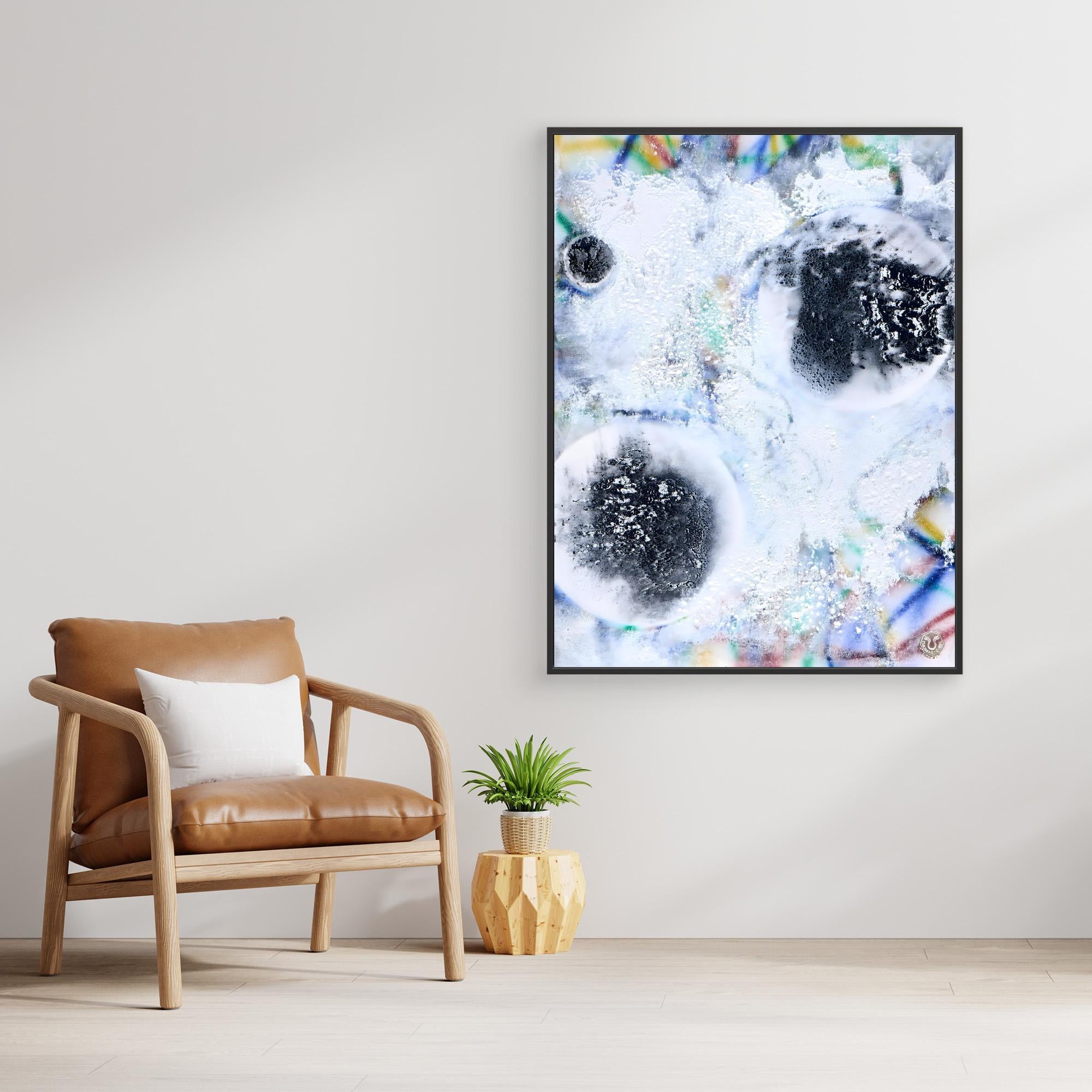 Cosmic Grid im Wohnraum – abstrakter Druck mit netzartigem Aufbau und ruhiger Wirkung
