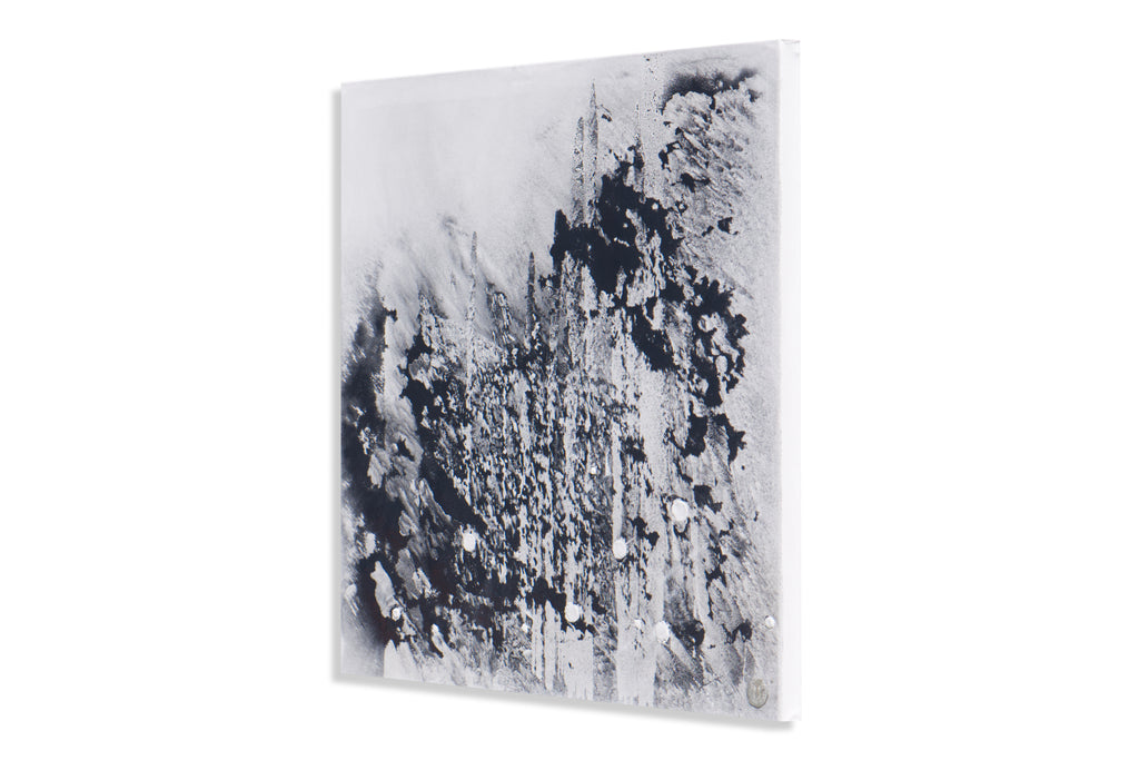 Seitenansicht der Leinwandarbeit „Fossil Landscape“ von Thomas Girbl mit sichtbarer Material- und Schichttiefe