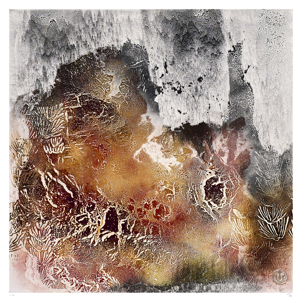 Fossil Signs Fine Art Edition frontal – feuergeformte Strukturen mit roten, goldenen und dunklen Pigmenten