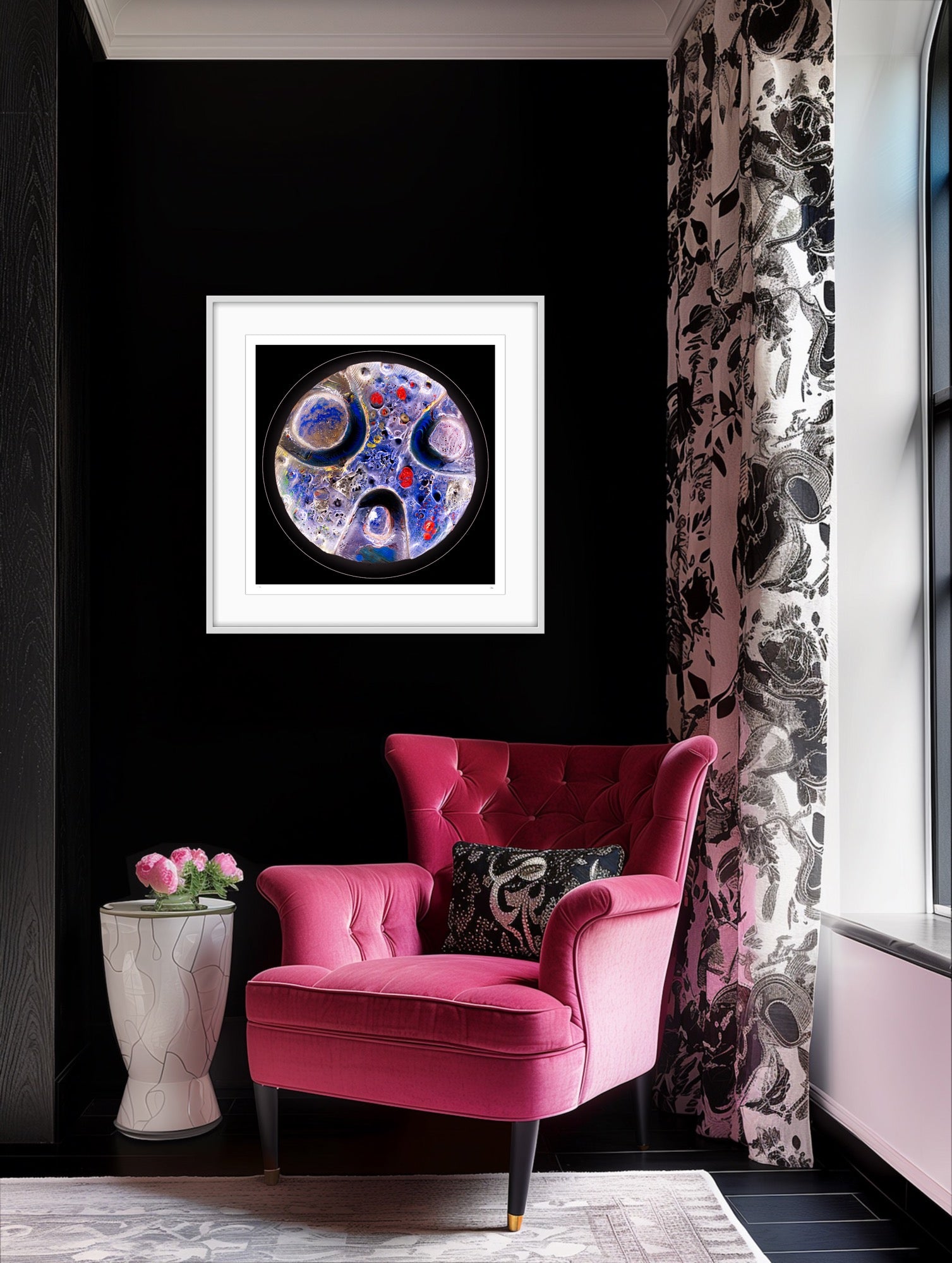 Jalight framed light art print on modern wall interior, abstract circular artwork by Burningpictures