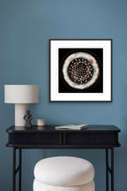 Lightphire framed light art print on modern wall interior, circular artwork inspired by energy fields and constellations by Burningpictures