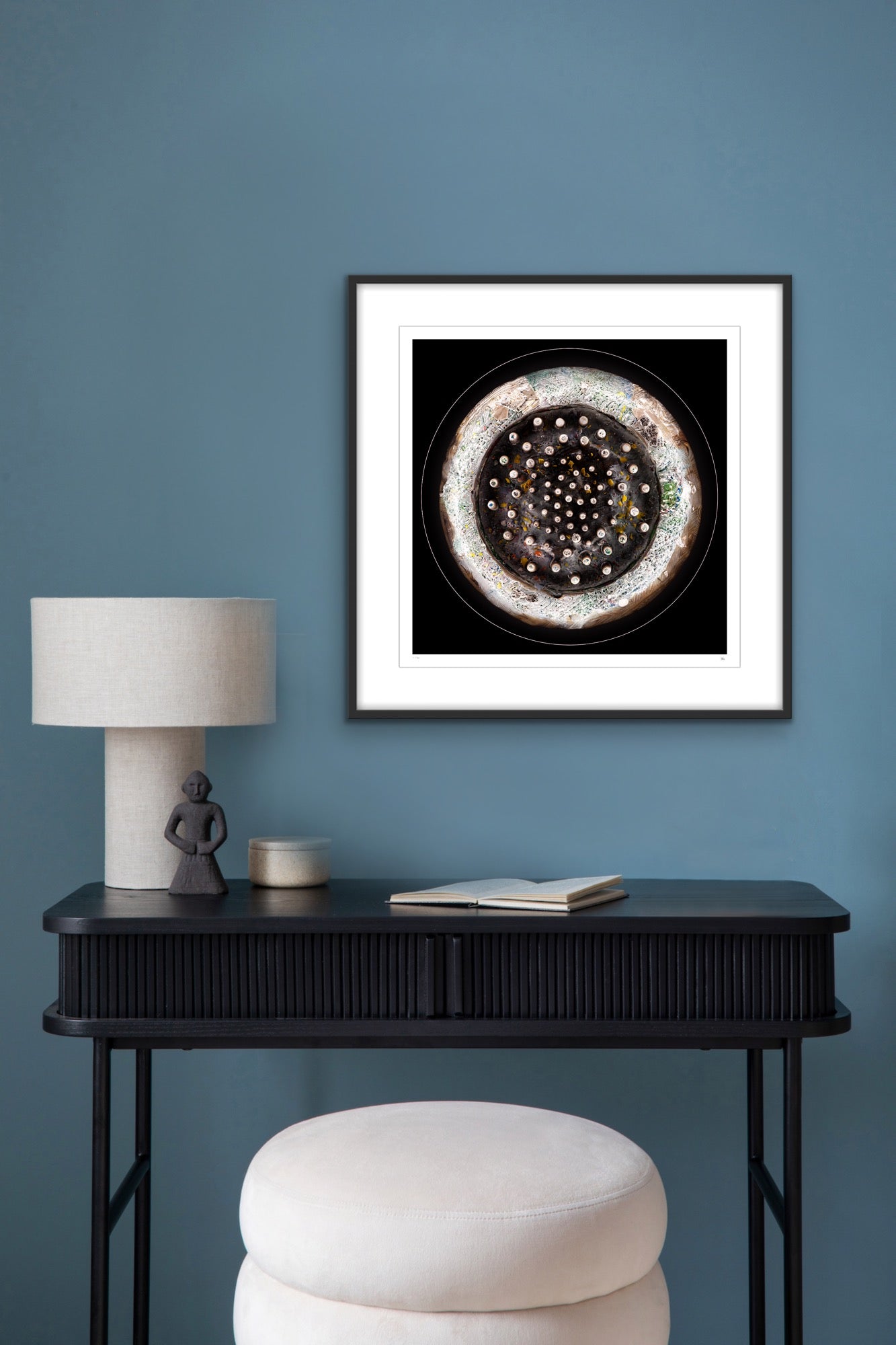 Lightphire framed light art print on modern wall interior, circular artwork inspired by energy fields and constellations by Burningpictures