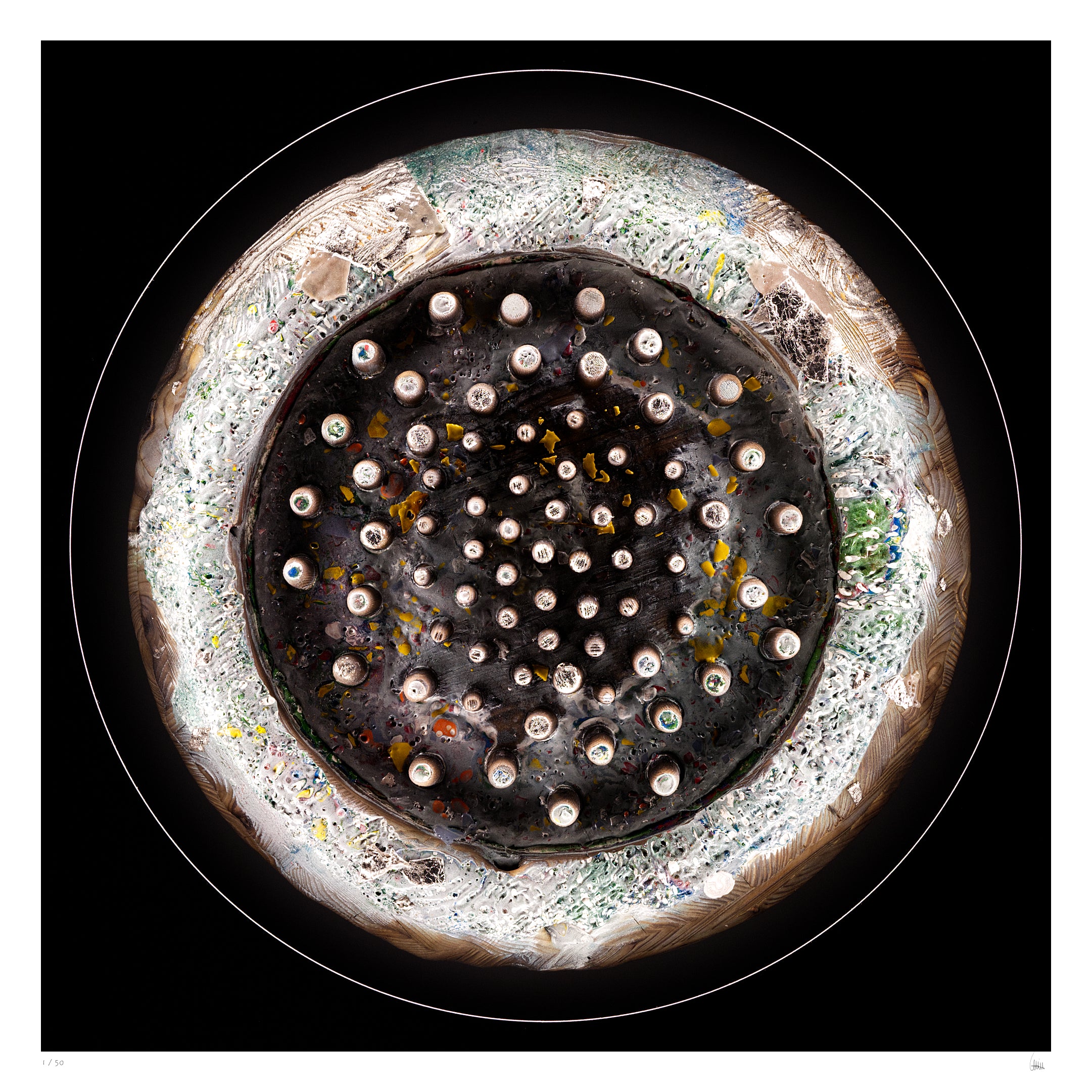 Lightphire circular abstract light artwork with textured surface and constellation-like elements, fine art print by Burningpictures