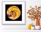 Lightshine framed spiral fine art print on modern wall interior, warm gold abstract light artwork by Burningpictures