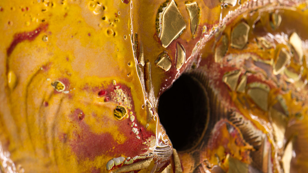 Close-up of Lightshine spiral artwork with gold textures and fire-shaped surface, abstract circular fine art print by Burningpictures