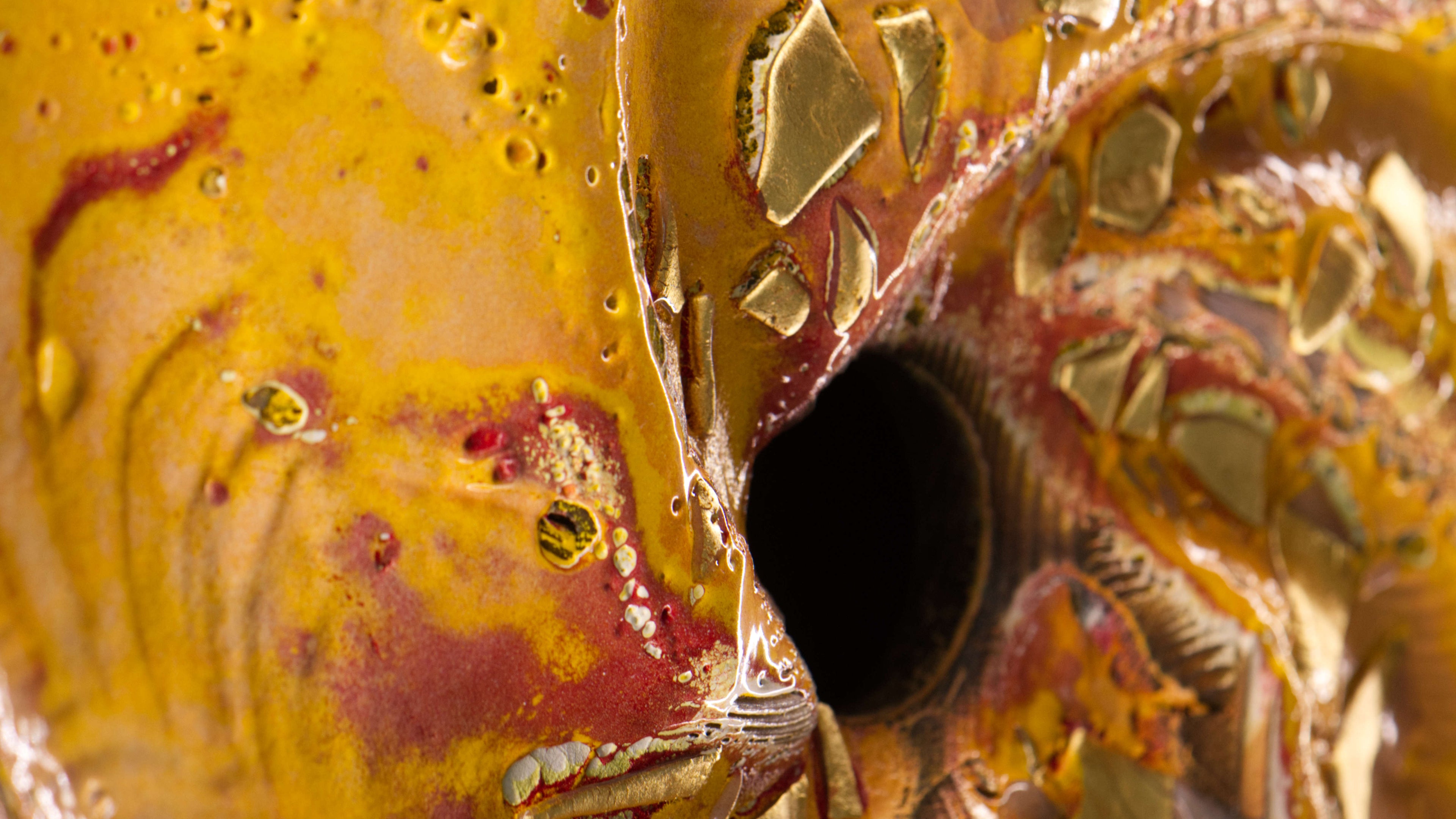 Close-up of Lightshine spiral artwork with gold textures and fire-shaped surface, abstract circular fine art print by Burningpictures