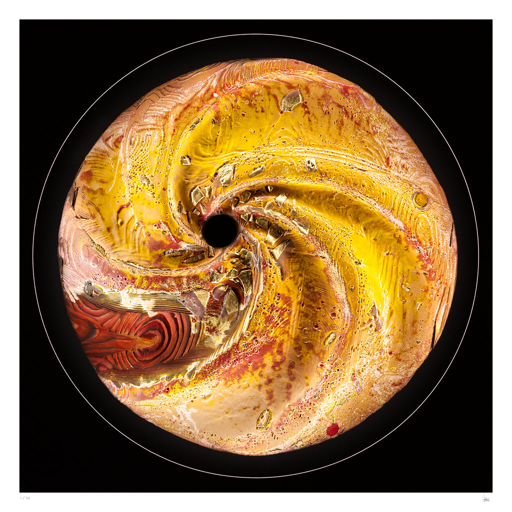 Lightshine abstract spiral fine art print in gold and warm tones, circular light artwork with textured fire-shaped surface by Burningpictures
