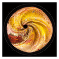 Lightshine abstract spiral fine art print in gold and warm tones, circular light artwork with textured fire-shaped surface by Burningpictures

