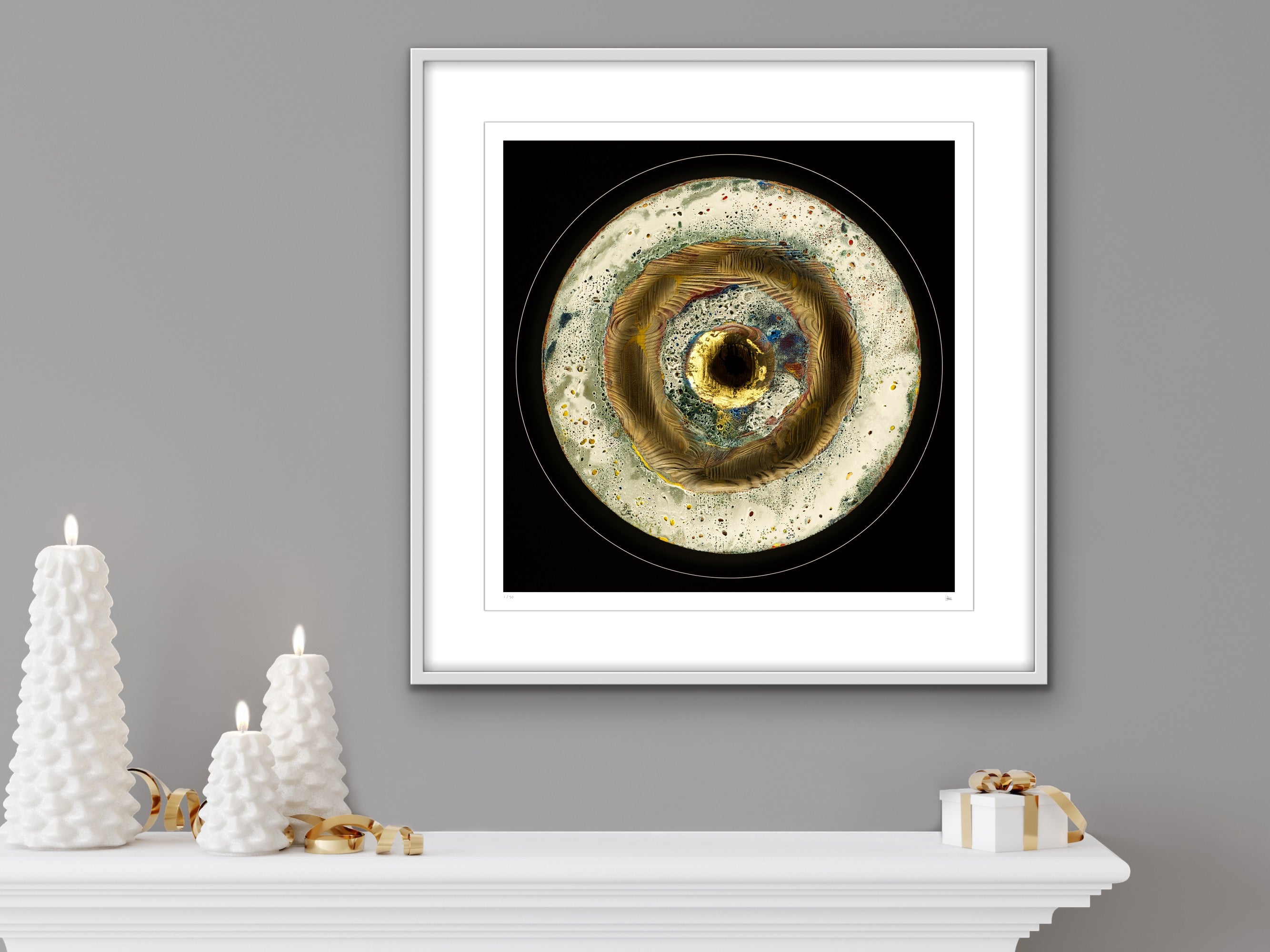 Originlight framed light art print on modern wall interior, circular artwork inspired by ripples and origin by Burningpictures