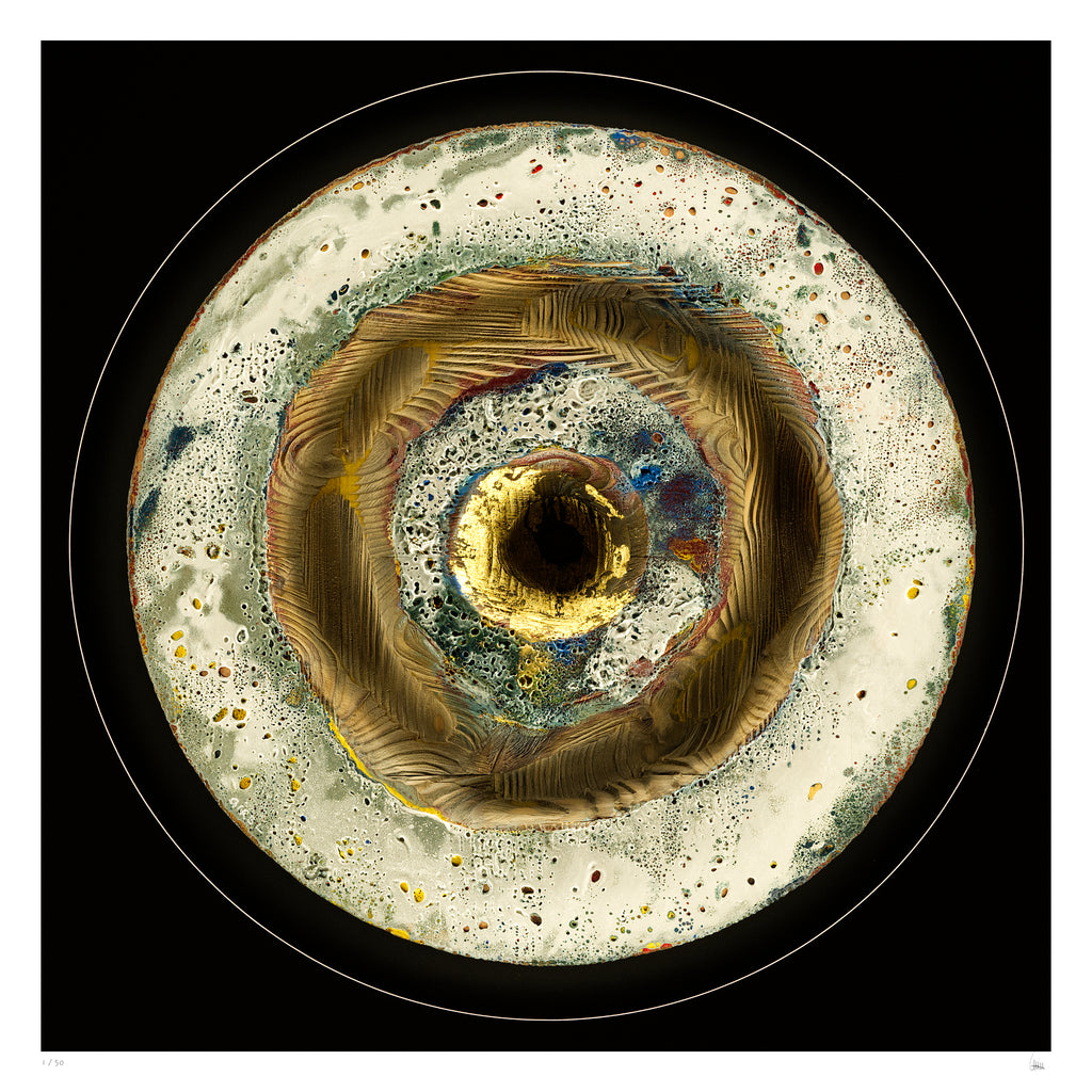 Originlight circular abstract light artwork with central gold element and ripple-like textures, fine art print by Burningpictures