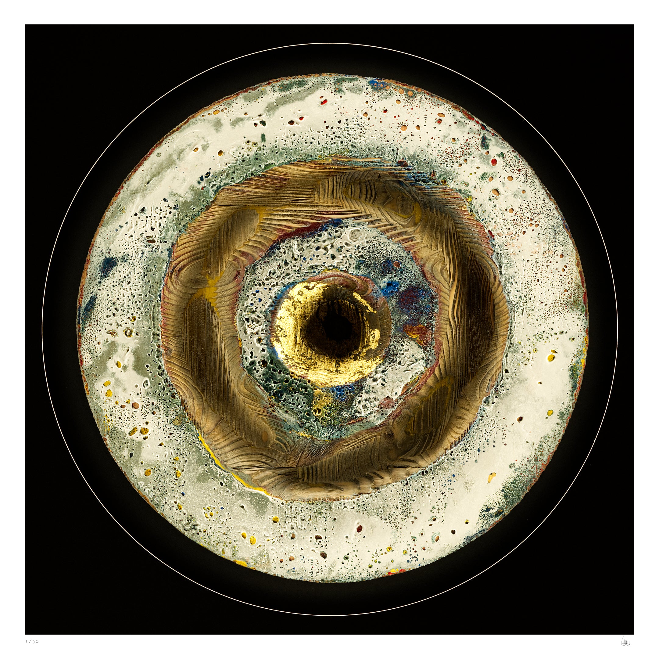 Originlight circular abstract light artwork with central gold element and ripple-like textures, fine art print by Burningpictures