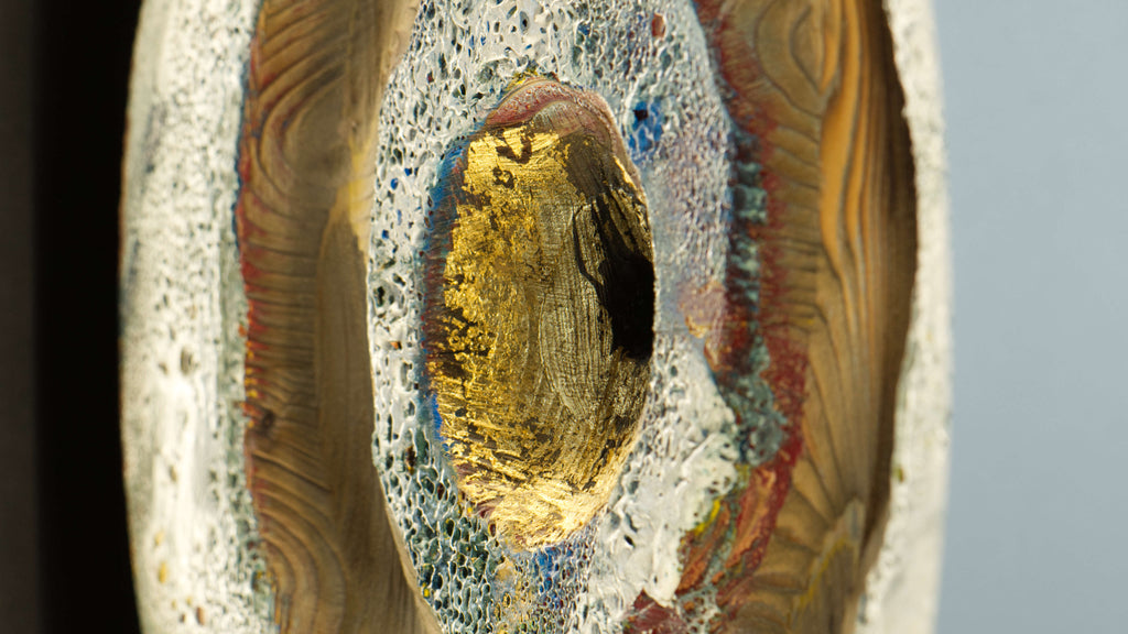 Close-up of Originlight artwork showing layered textures and central gold element, abstract circular fine art print by Burningpictures
