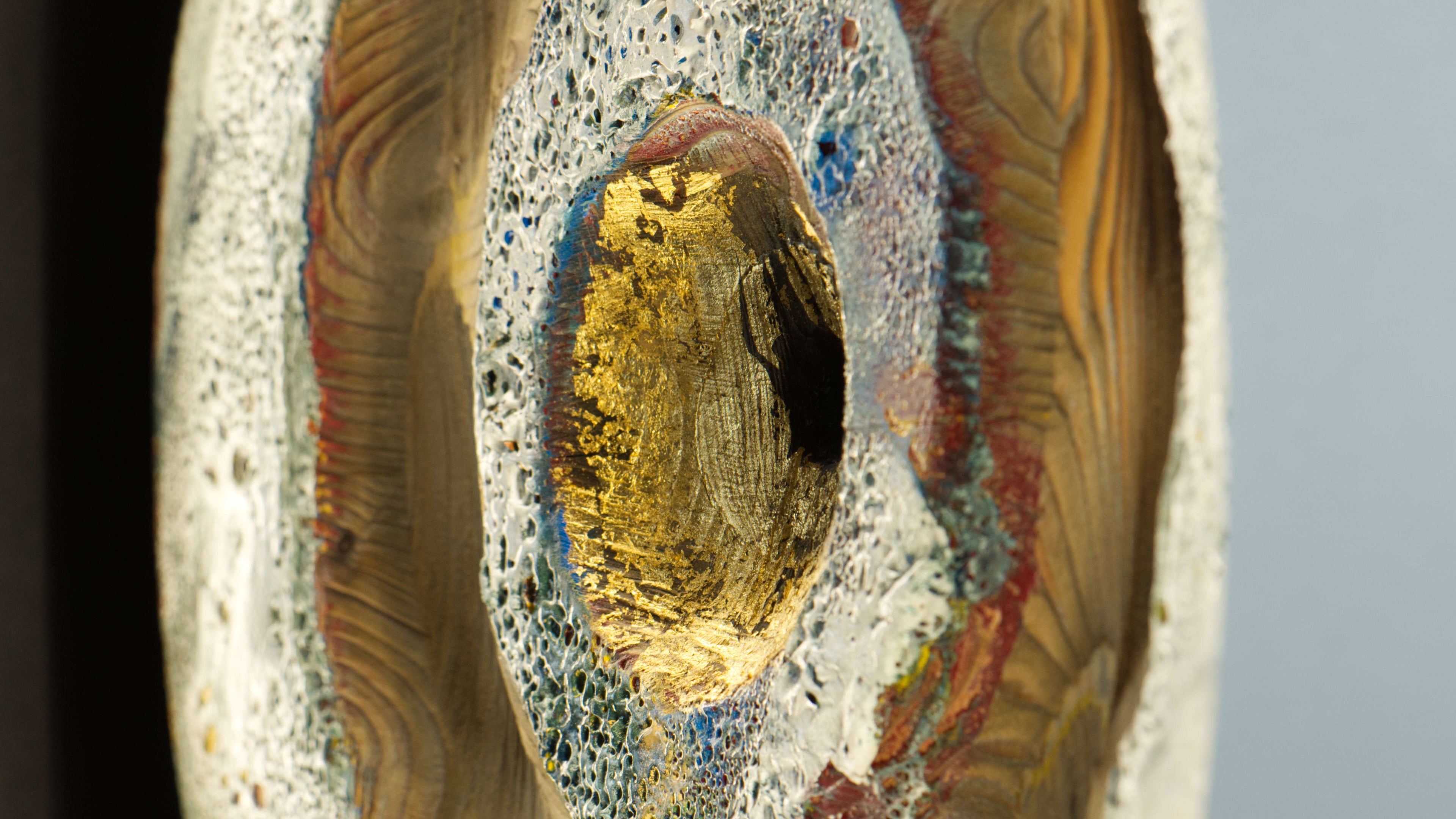 Close-up of Originlight artwork showing layered textures and central gold element, abstract circular fine art print by Burningpictures
