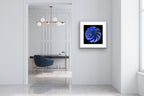 Pedelight framed light art print on modern wall interior, ultramarine abstract artwork with palladium details by Burningpictures