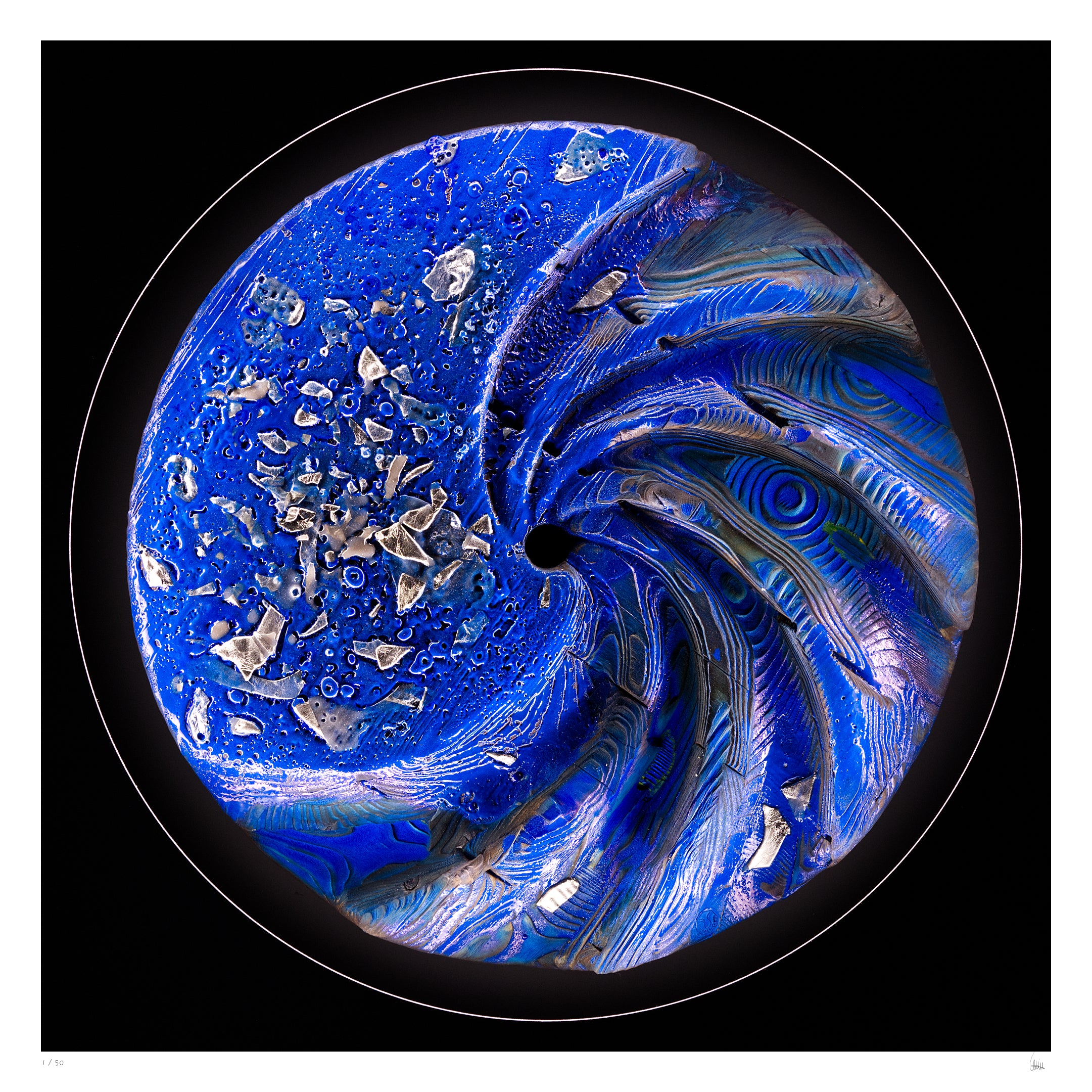 Pedelight circular abstract light artwork in ultramarine blue with palladium fragments, fine art print by Burningpictures