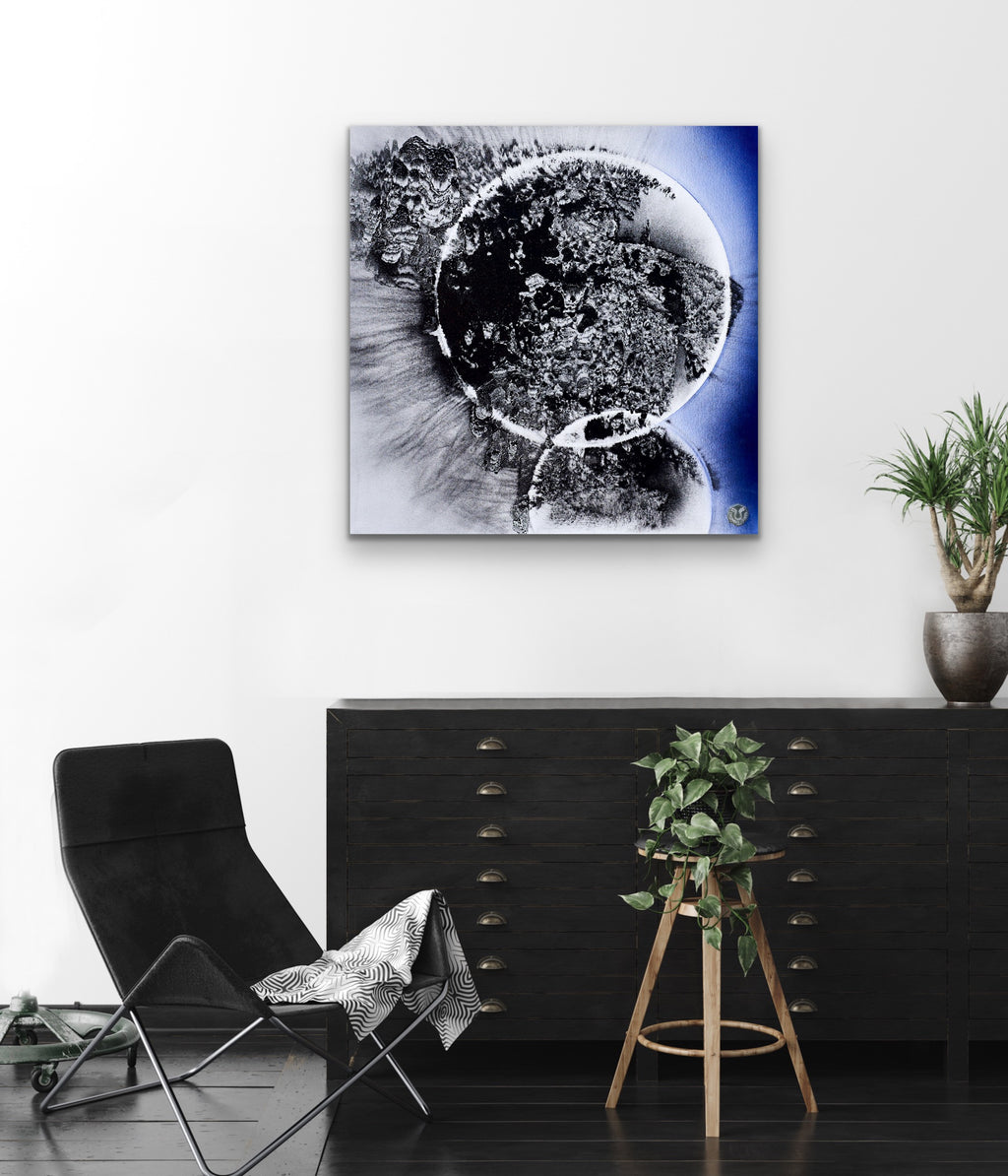 Kollision der Möglichkeiten im Raum – modernes Gemälde mit kosmischer Tiefe und dynamischer Struktur