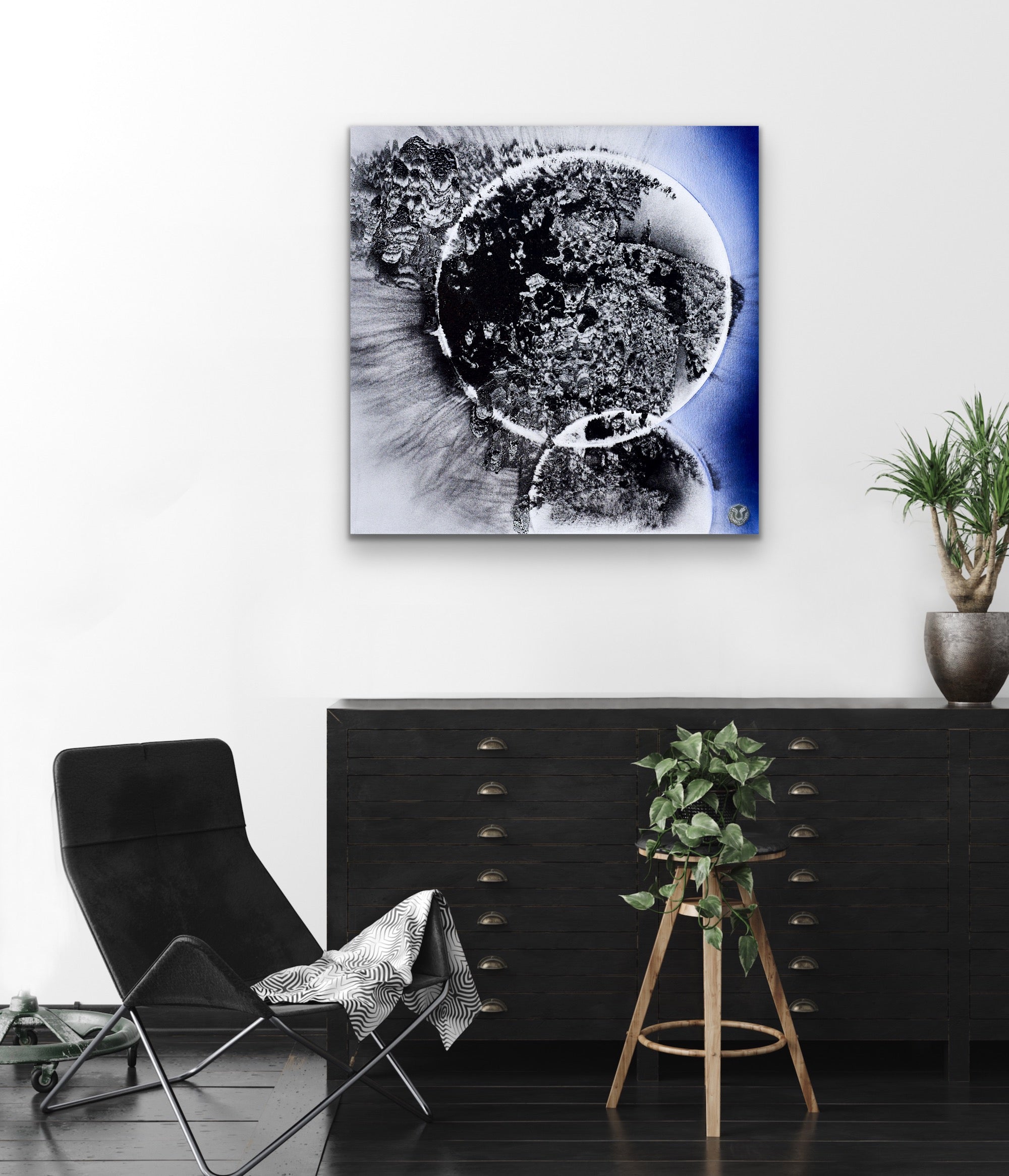Kollision der Möglichkeiten im Raum – modernes Gemälde mit kosmischer Tiefe und dynamischer Struktur
