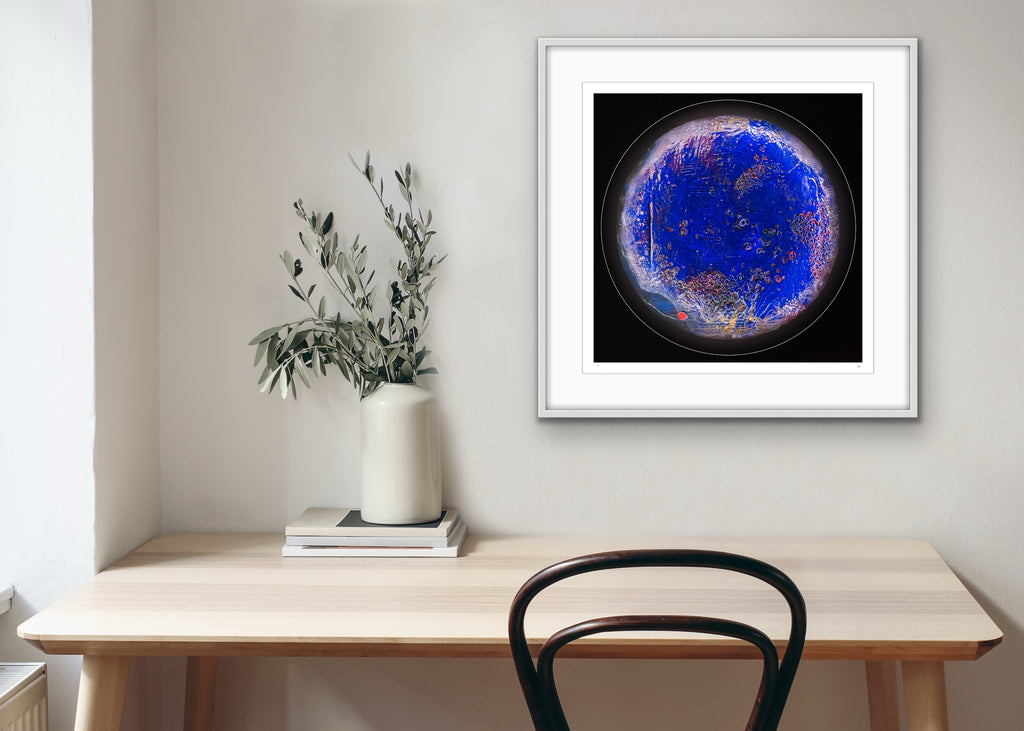 Seasolight framed light art print on modern wall interior, deep blue circular artwork inspired by ocean depth by Burningpictures