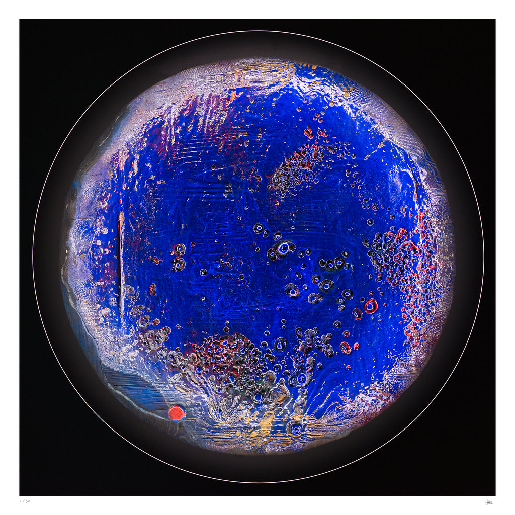 Seasolight circular abstract light artwork in deep blue tones with textured layered surface, fine art print by Burningpictures