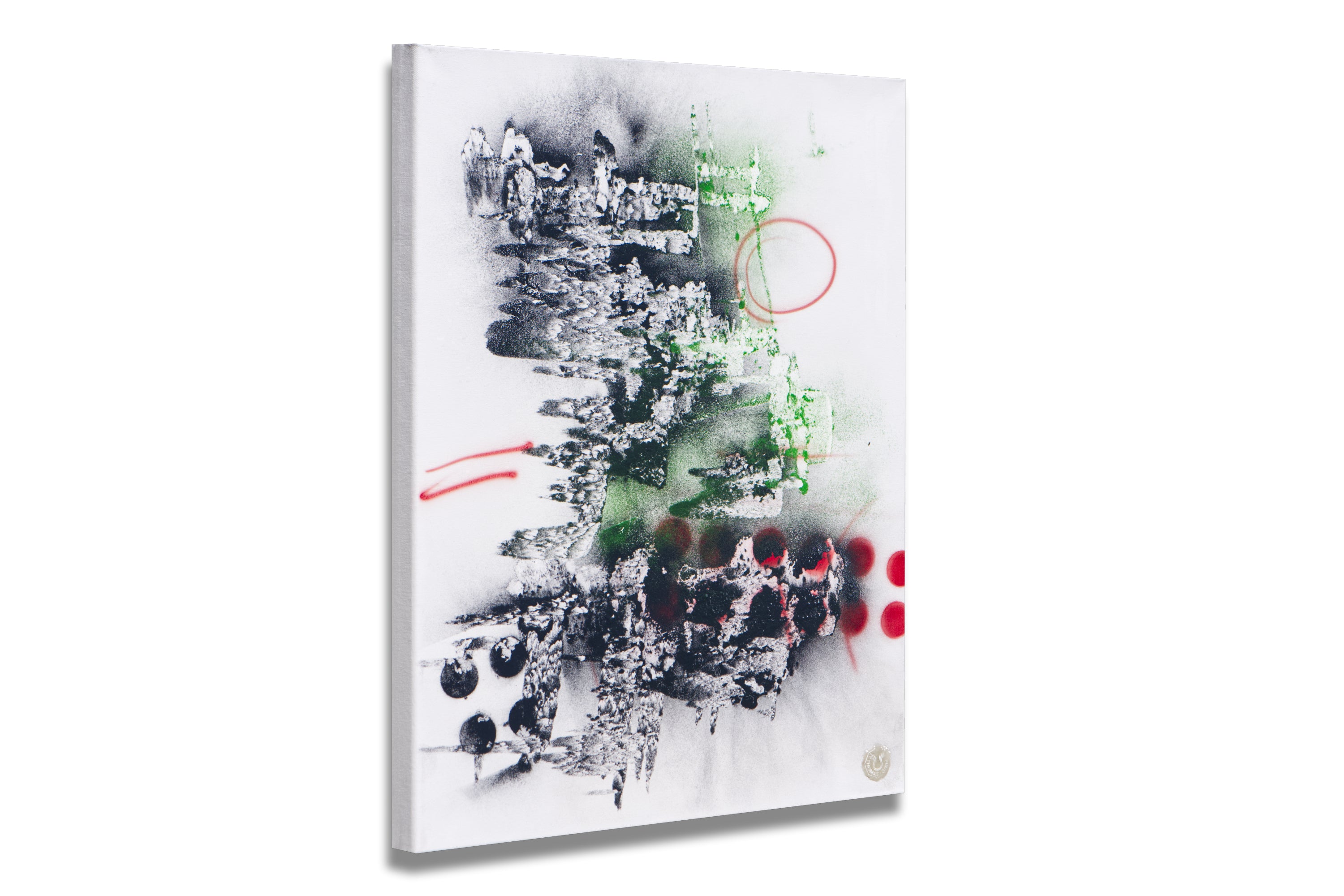 Seitenansicht der Leinwandarbeit „Secret Engravings" mit sichtbarer Brandstruktur und Materialtiefe