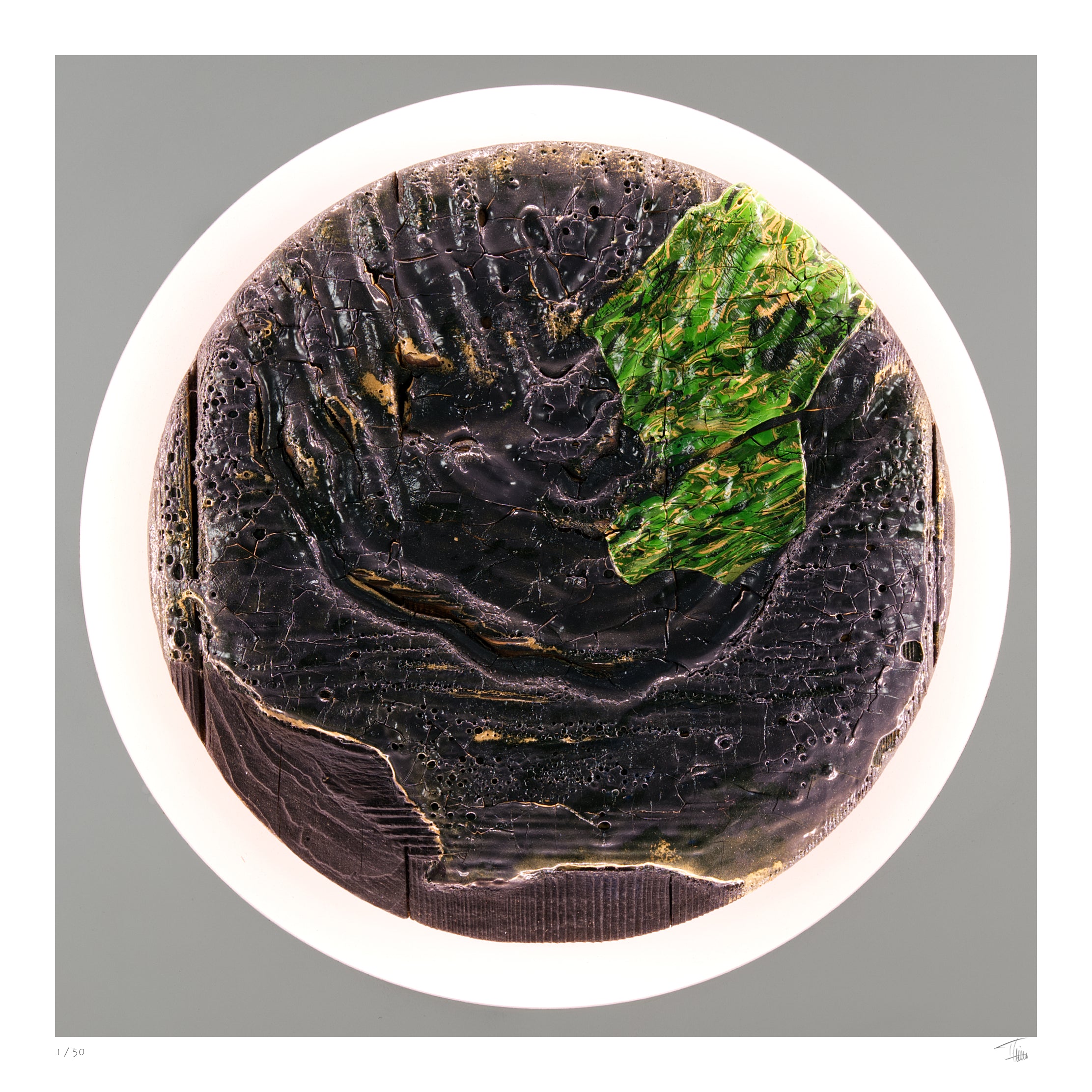 Silent Growth Fine Art Edition frontal – verbrannte Oberfläche mit leuchtenden grünen Strukturen