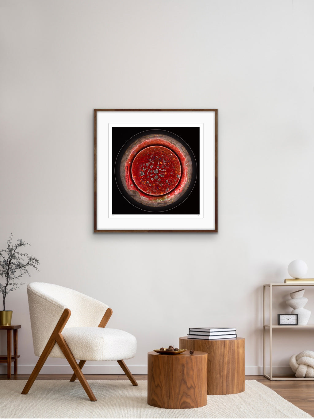 Simlight framed light art print on modern wall interior, circular artwork exploring material transformation with palladium by Burningpictures