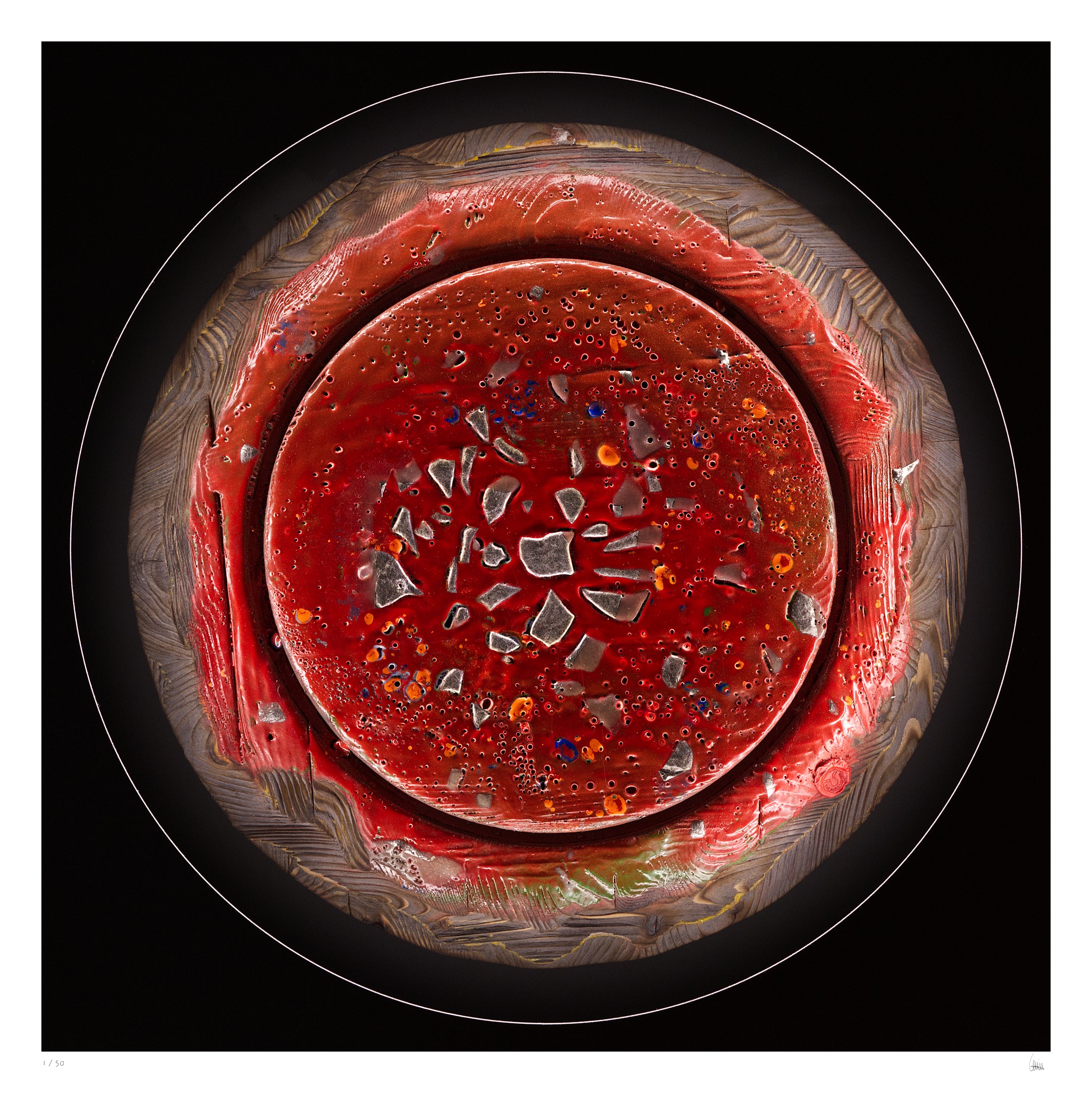 Simlight circular abstract light artwork with red textured surface and palladium fragments, fine art print by Burningpictures
