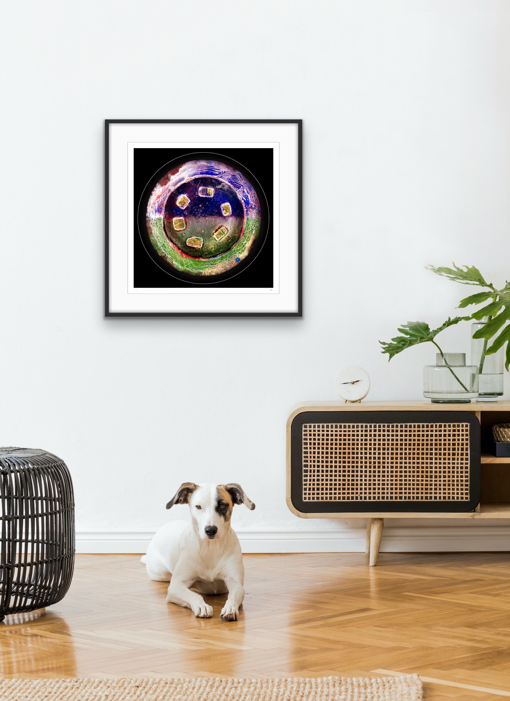 Solsticelight framed light art print on modern wall interior, circular artwork inspired by cosmos and earth by Burningpictures