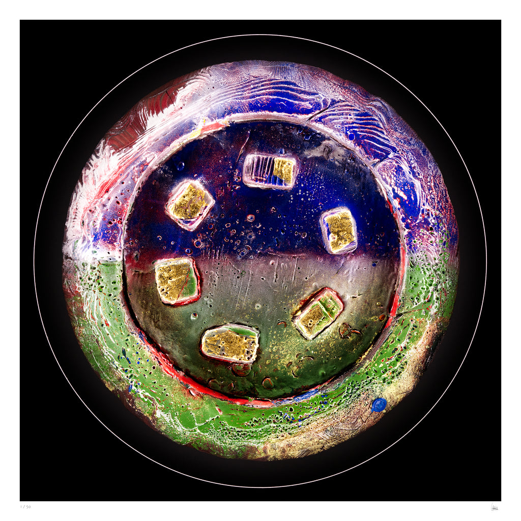 Solsticelight circular light artwork inspired by solstice sun phenomena, abstract fine art print with blue, green and gold textures by Burningpictures