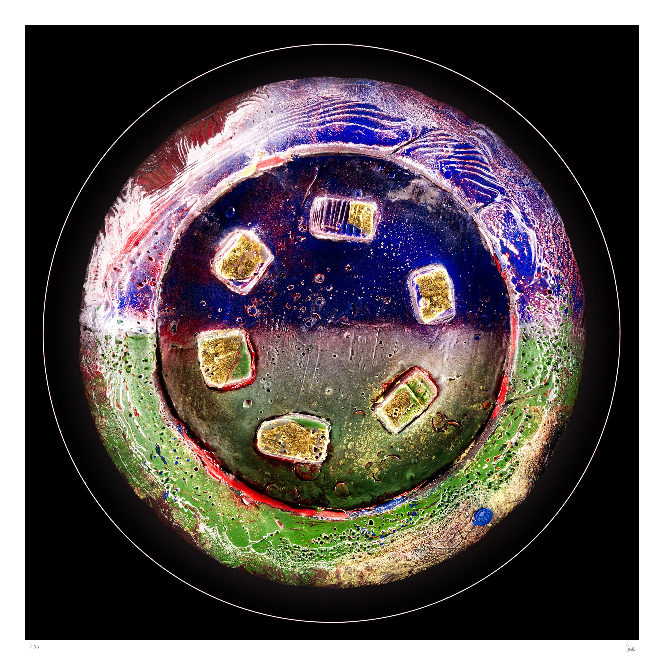 Solsticelight circular light artwork inspired by solstice sun phenomena, abstract fine art print with blue, green and gold textures by Burningpictures