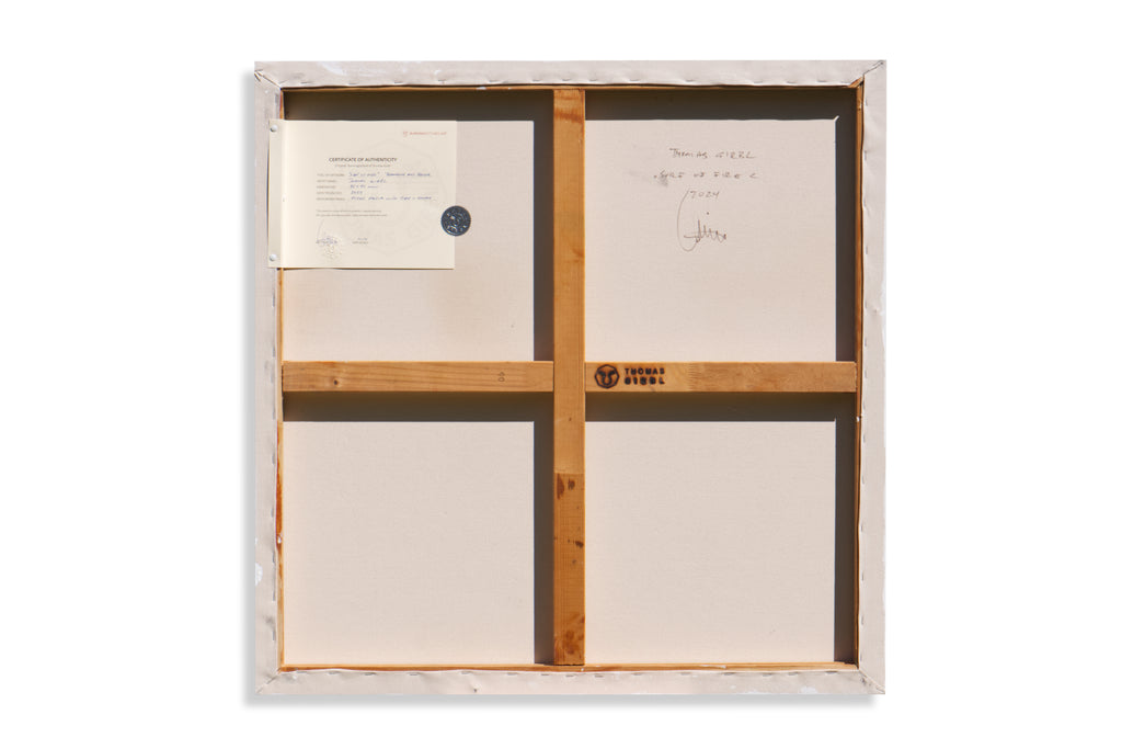 Alt-Text: Rückseite des Kunstwerks „Surf of Fire“ von Thomas Girbl mit Signatur