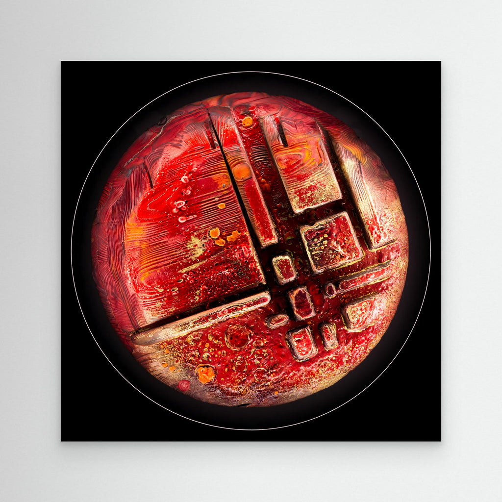 Torrelight Burning Canvas frontal – kreisförmige Komposition mit architektonischen Strukturen und reliefartigen Formen