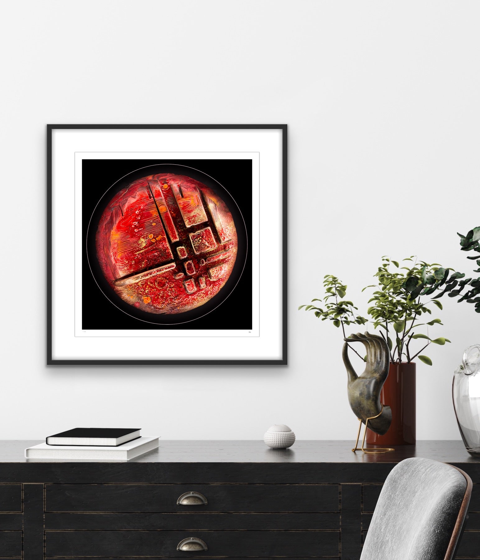 Torrelight framed light art print on modern wall interior, red geometric abstract artwork by Burningpictures