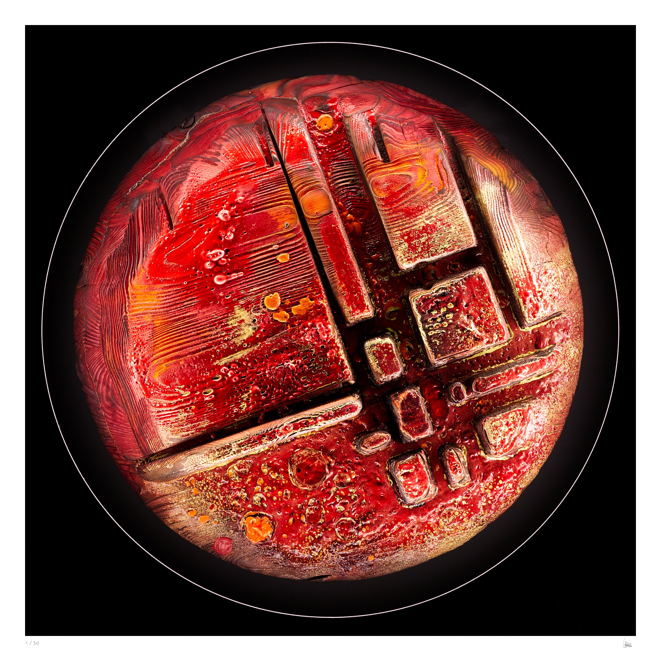 Torrelight circular abstract light artwork with red textured surface and geometric structures, fine art print by Burningpictures