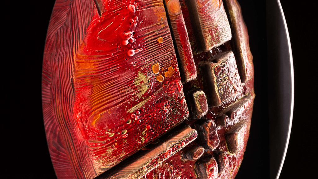 Close-up of Torrelight artwork with fire-shaped textures and geometric layered elements, abstract circular fine art print by Burningpictures
