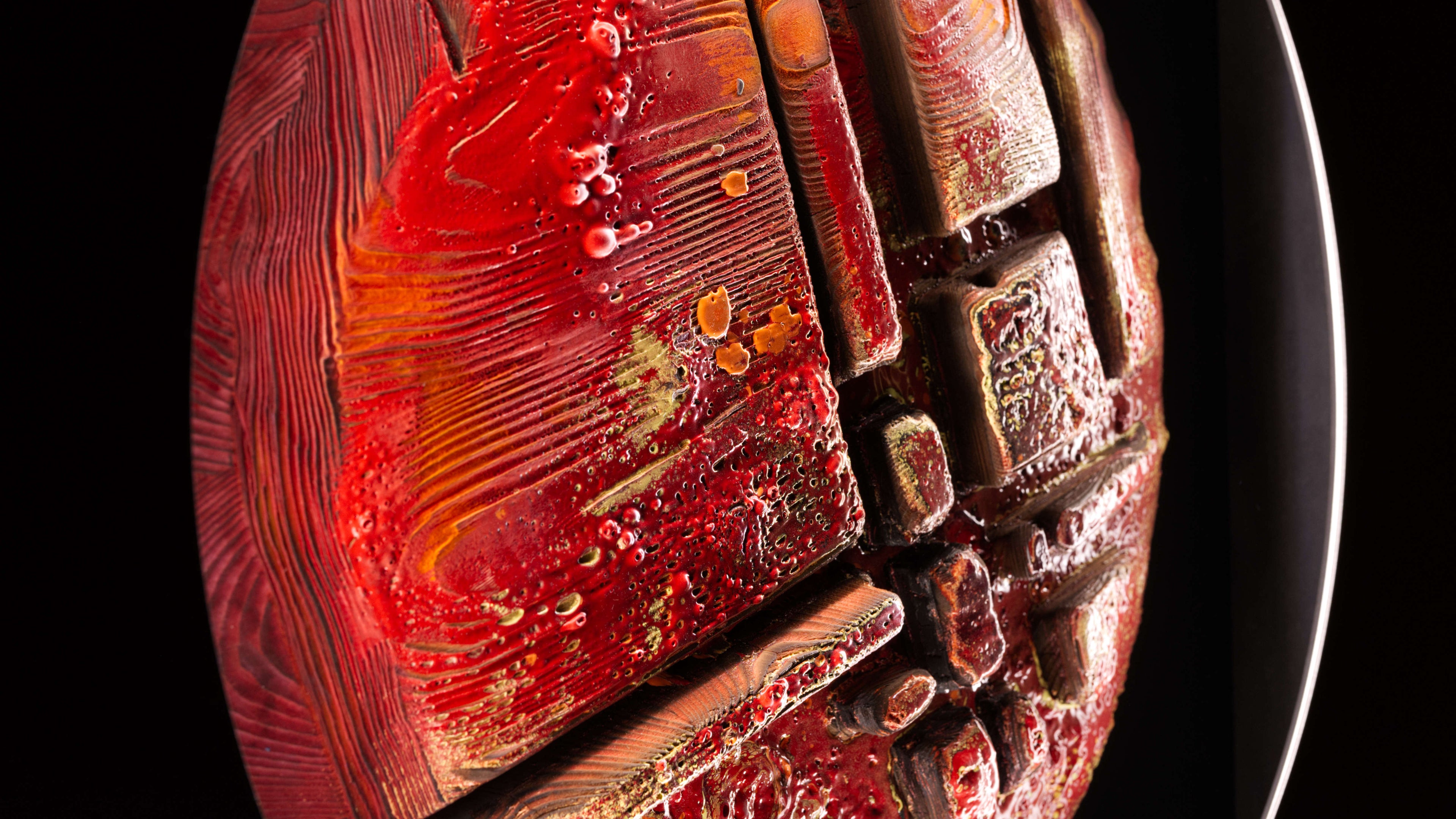 Close-up of Torrelight artwork with fire-shaped textures and geometric layered elements, abstract circular fine art print by Burningpictures
