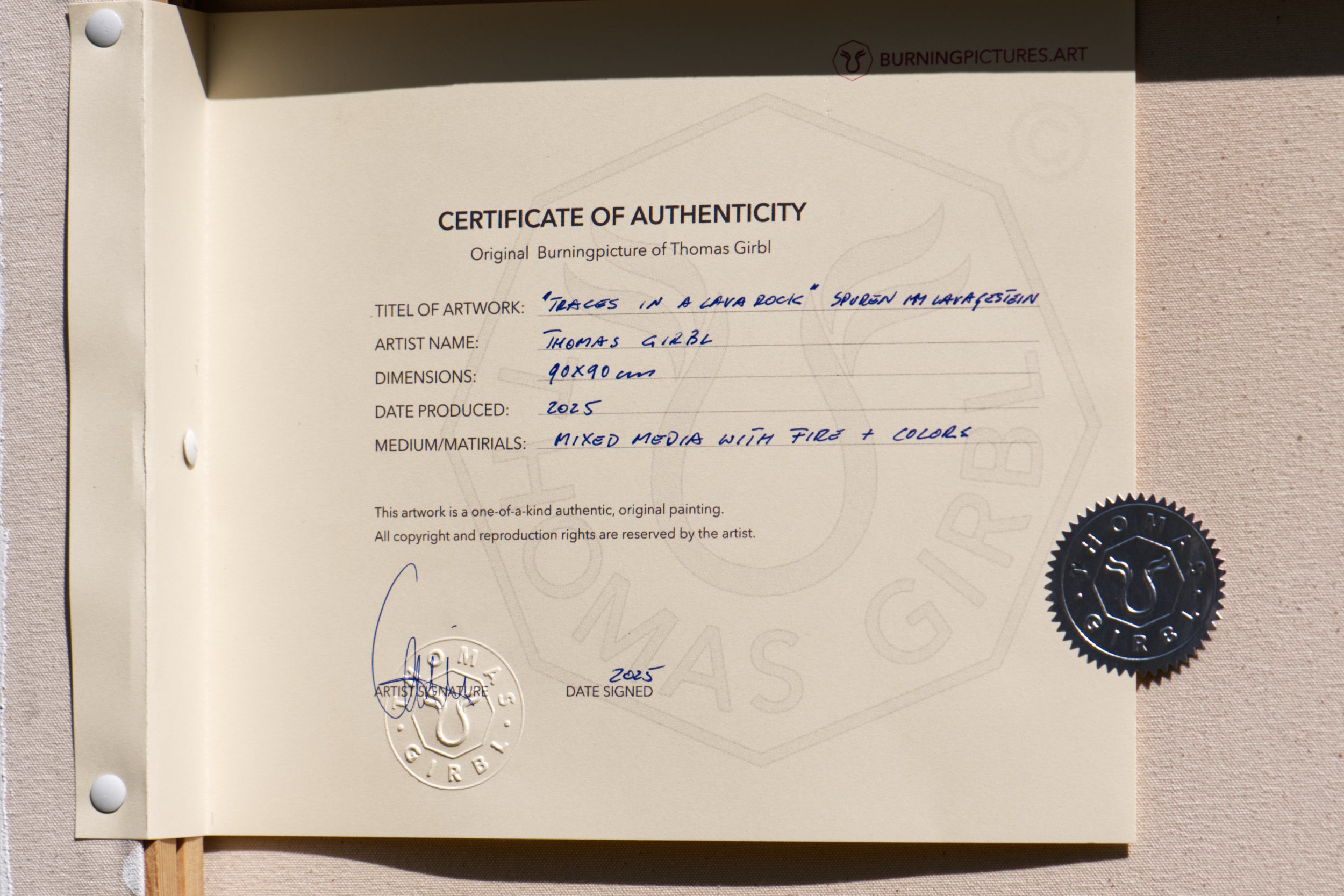 Echtheitszertifikat zum Unikat „Traces in a Lava Rock“ von Thomas Girbl, Certificate of Authenticity inklusive