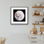 Winterlight framed light art print on modern wall interior, minimal circular artwork in white tones by Burningpictures