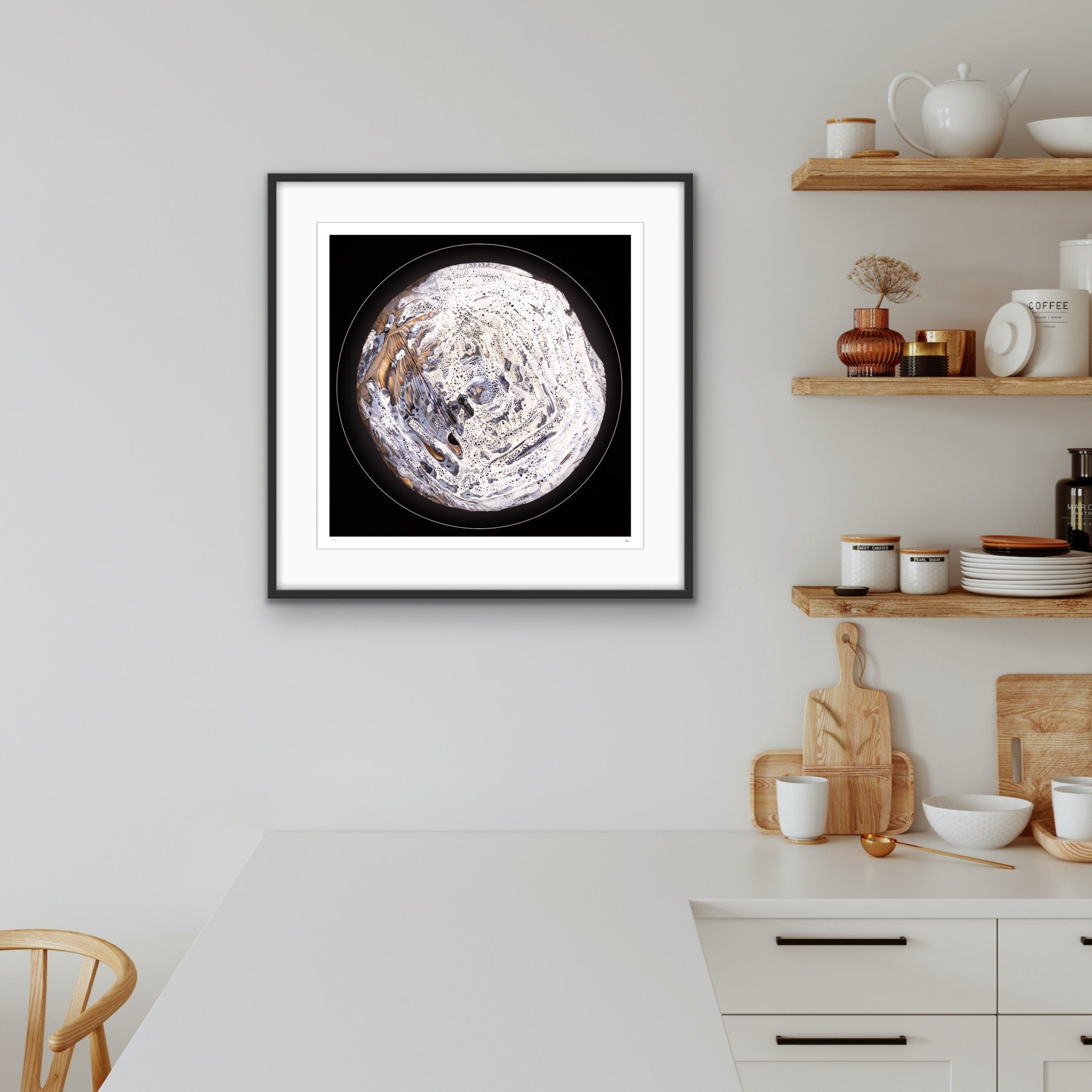 Winterlight framed light art print on modern wall interior, minimal circular artwork in white tones by Burningpictures