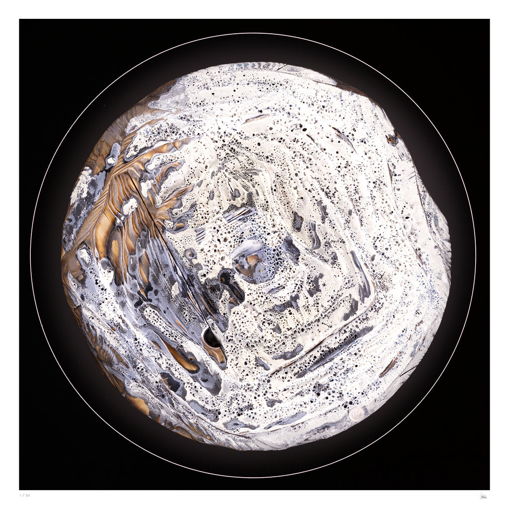 Winterlight circular abstract light artwork in white and grey tones with textured fire-shaped surface, fine art print by Burningpictures
