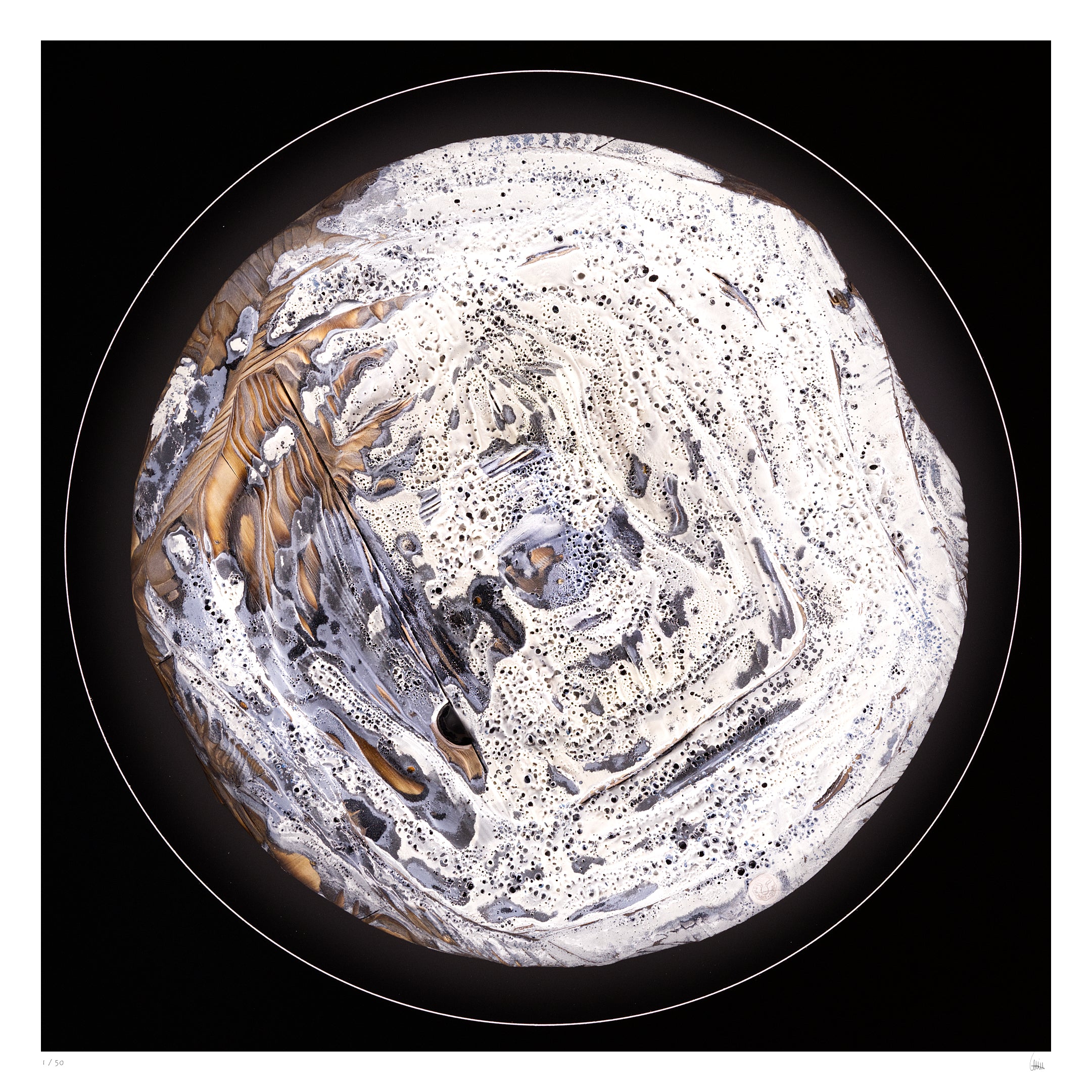 Winterlight circular abstract light artwork in white and grey tones with textured fire-shaped surface, fine art print by Burningpictures
